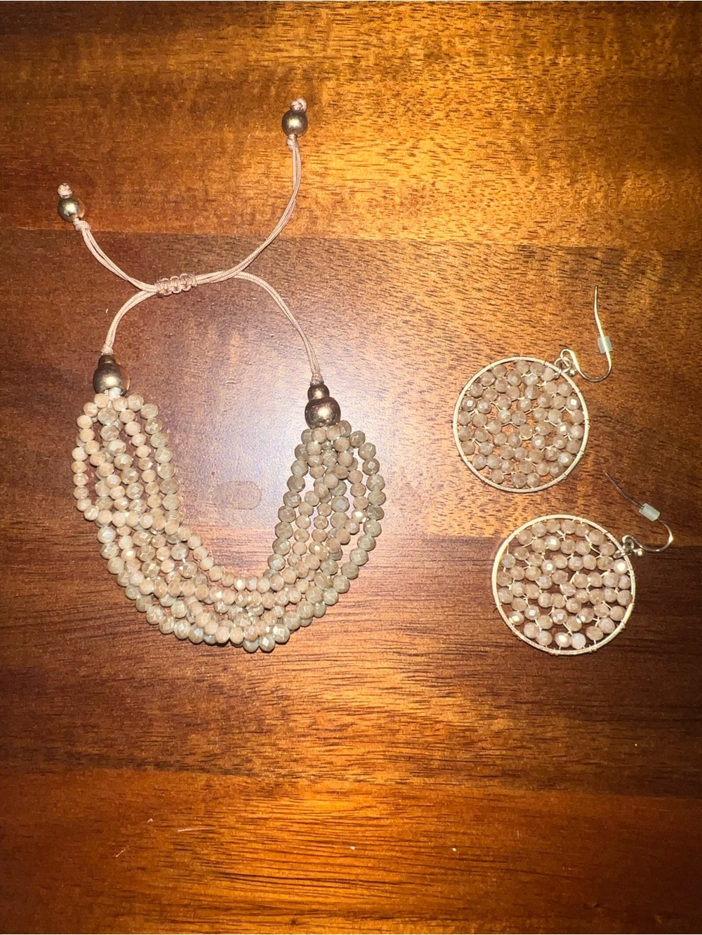 Beaded Multi-Strand Bracelet and Earrings Set in Champagne Taupe